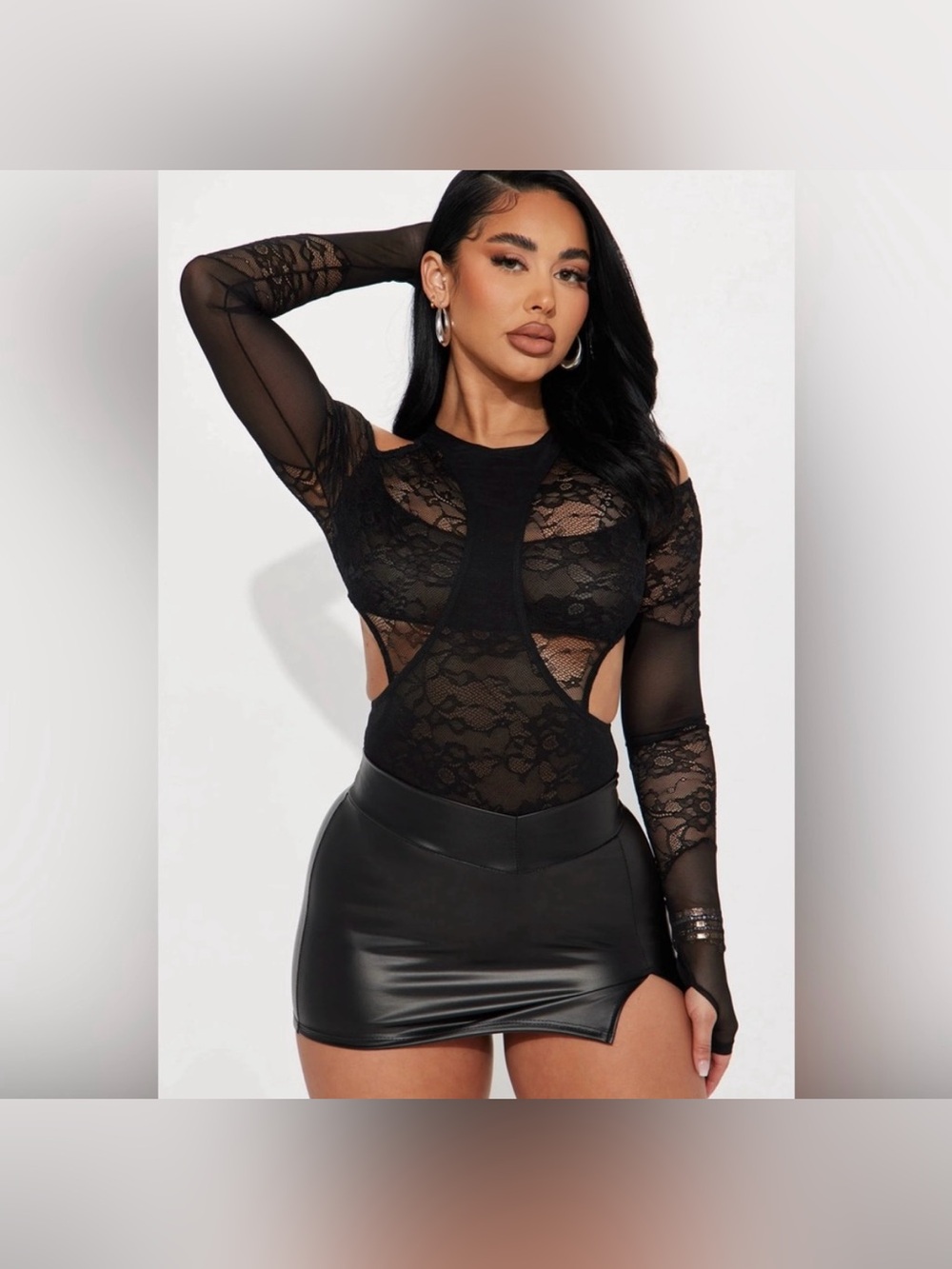 Kiki Riki Lace Mesh Overlay Long Sleeve Bodysuit Sheer Black Rave Club Goth S